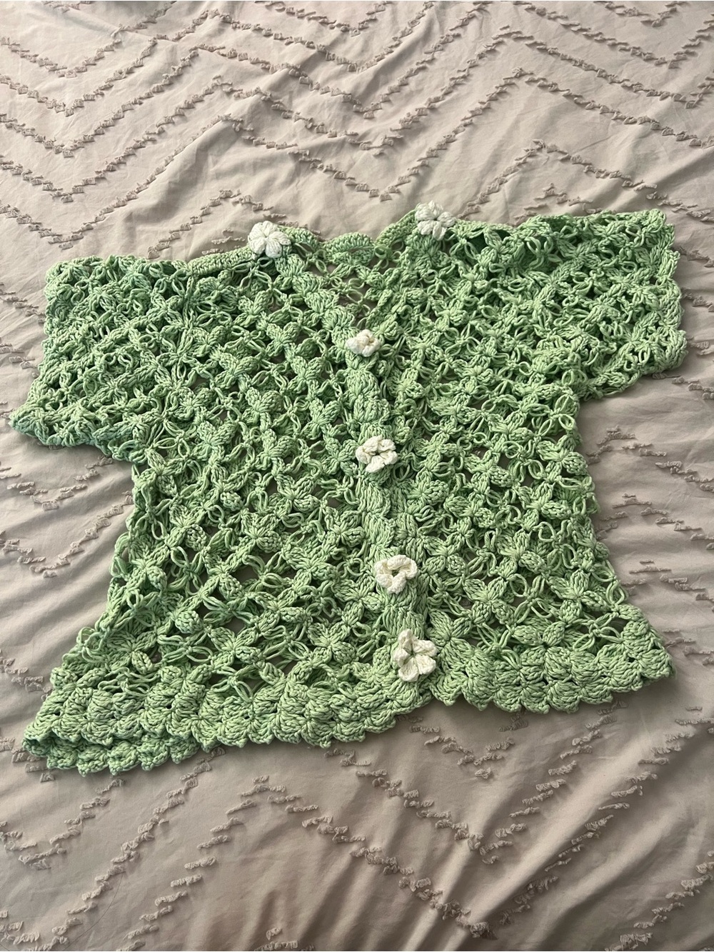 Hand-Crocheted Light Green Floral Button Cardigan - Women Sweater